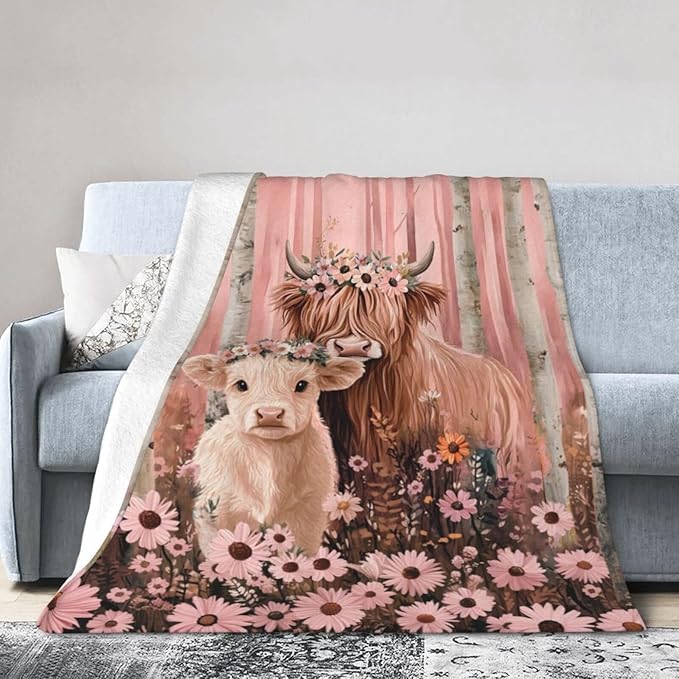 Highland Cow Blanket Pink Forest Cattle Daisy Decor Throw Blanket Super Soft Flannel Lightweight Fluffy Plush Fuzzy Fleece Blanket Gifts for Girl Woman Boys Kids Adults Man for Bed Sofa 50"X60"