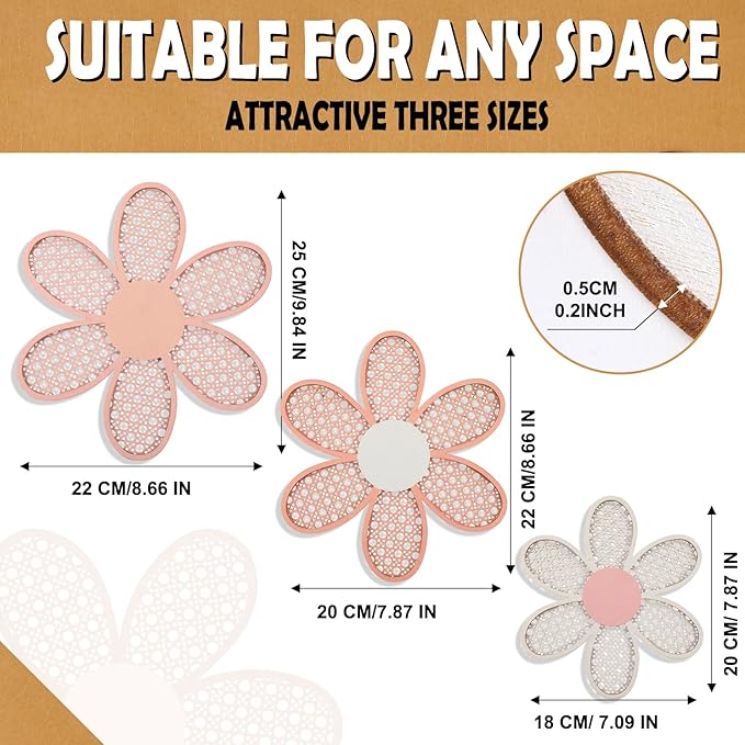 Maitys 3 Pieces Boho Daisy Wall Decor Natural Rattan Flower Wall Hanging Art Wooden Boho Art Nursery Flowers Farmhouse Hanging Decor for Home Office Nursery(Rustic Color)