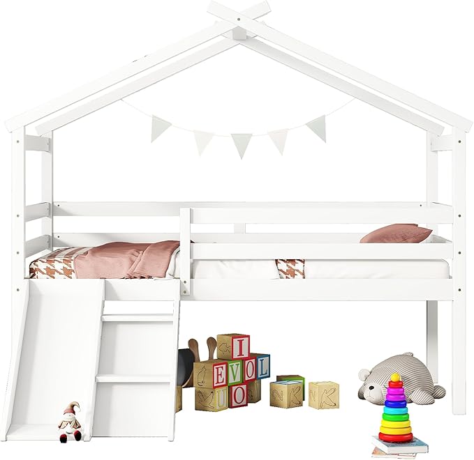 Twin Size Low Loft Bed with Slide and Ladder for Kids Boys Girls, Solid Wood House Roof Loft Bed Frame with Safety Guardrails, Sturdy Slat Support (White-50)