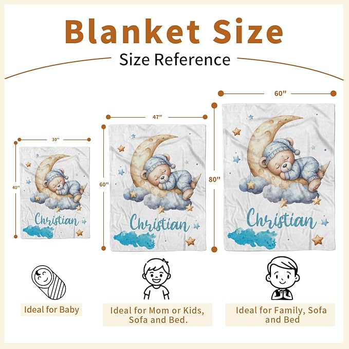 Personalized Baby Blanket with Name, Customized Blanket for Newborn Boys Girls, Sleepy Bear Theme Baby Name Blanket with Dotted Backing, Receiving Swaddle, Baby Shower Birthday Gifts(60" x80)
