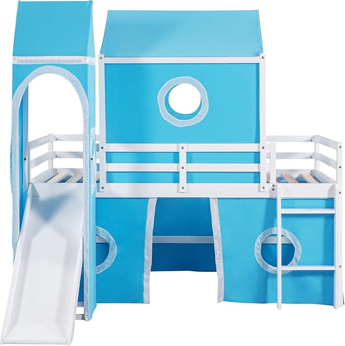 Playhouse Design Twin Size Low Loft Bed with Slide & Tent and Tower, Solid Wood Tent Bed Frame for Kids Boys Girls, Versatile Spacious Under Bed Space with Curtains(Blue-TW)