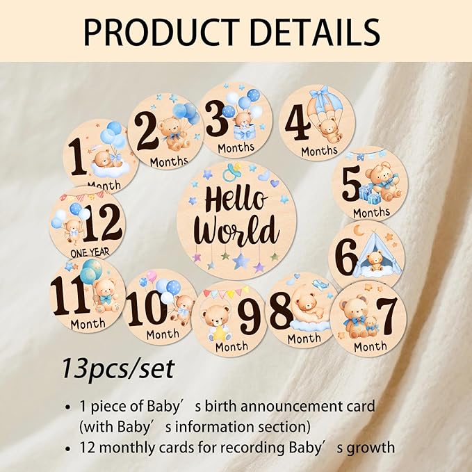 Baby Monthly Milestone Cards - 13 Double-Sided Wooden Milestone Signs Discs with Bear & Star Designs, Little Bears Birth Announcement Cards for Photo Props(0-12 Months), Newborn Sign Baby Shower/Gift