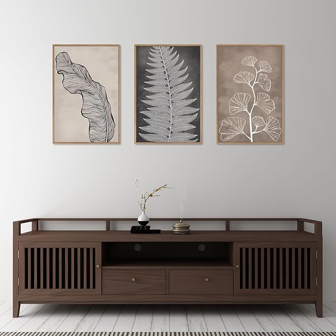 HLNIUC Botanical Neutral Framed Wall Art Set, Abstract Fern Leaf Canvas Wall Decor, Vintage Rustic Plant Wall Painting, Black Beige Nature Art Print for Living Room, Bedroom, Office - 16"x24"x3