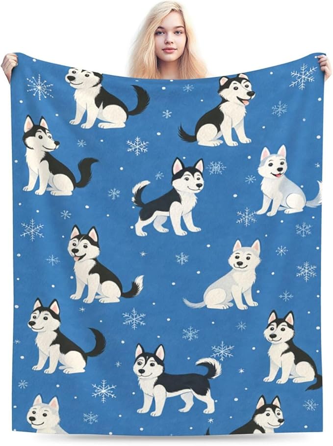 Cute Husky Blanket Huskies Dog Pet Pattern Throw Blanket Soft Cozy Fleece Fuzzy Plush Warm Stuff Puppy Bedding Animal Blankets Gifts for Husky Lover Boys Girls Kids Adult Men Women 40"X50"