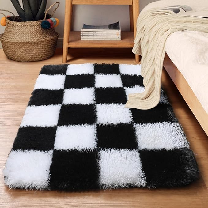 KICMOR Small Rug for Bedroom, 2x3 Fluffy Soft Black and White Checkered Rug Fuzzy Shaggy Bedside Carpet, Indoor Furry Plush Small Throw Rug for Living Room Nursery Kids Girls Boys Room Home Decor