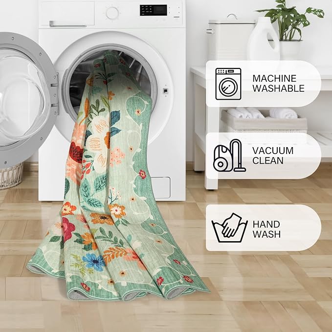 DUKINO 2x3 Rugs for Entryway, Floral Indoor Washable Front Door Mat, Non Slip Boho Small Carpet, Soft Low Pile Throw Rug for Entrance, Bedroom, Kitchen, Laundry, Bathroom, Green