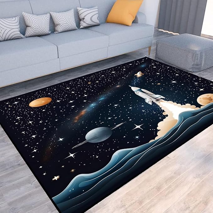Space Rug for Kids Room Black Rocket Rugs for Boys Bedroom Stars Galaxy Carpet Planet Printed Throw Rugs for Teens Living Room,39 in x 79 in