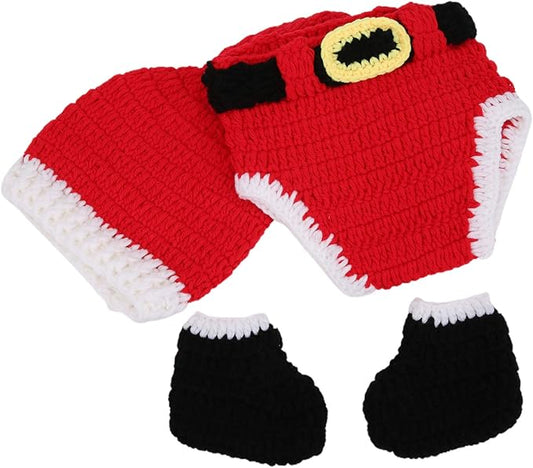 ZJchao Baby Crochet Christmas Clothes, Soft Cotton Newborn Photography Prop Infant Outfit Set with Hat Pants Boots, for Boys 0-3 Months Holiday Photoshoot