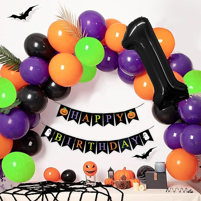 Halloween Decorations for Boys/Girls - Black, Orange, Purple, Green Balloons (40" & 1" Sizes) with Spooky Birthday Banner