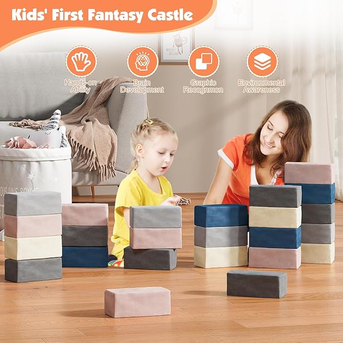 24 PCS Modular Kids Play Block Couch Child Sectional Soft Sofa Toddler Building Fortplay Climbing Bedroom Playroom Baby Convertible Floor Foam Cushion for Boys & Girls (24pcs+Rectangle)