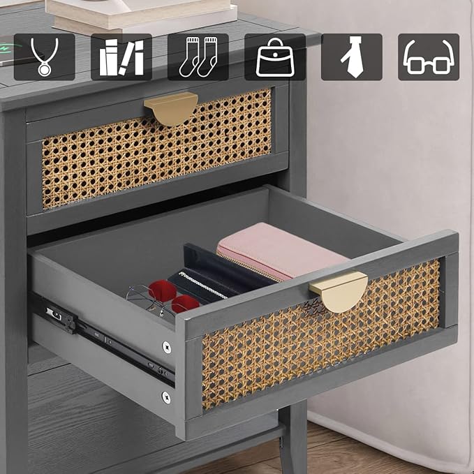Nightstands with 2 Drawers, Rattan Night Stand Bedside Table End Table Standing Storage Cabinet Organizer Dresser Drawer and Shelf for Entryway, Living Room, Bedroom, Nursery(Grey)