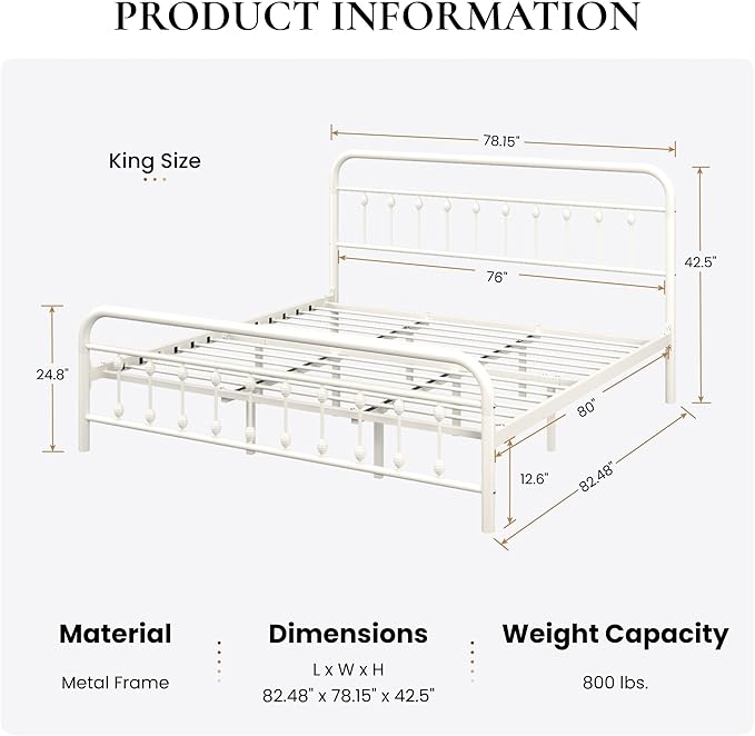 SHA CERLIN King Size Metal Platform Bed Frame with Victorian Style Iron-Art Headboard and Footboard, Easy Assembly, Under Bed Storage, No Box Spring Required, White