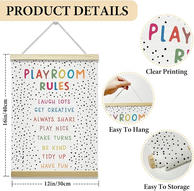 Nopoben Playroom Rules Poster Hanger Frame, Play Room Wall Decor, Playroom Wall Art With Wooden Poster Hanger, Kids Room Nursery Bedroom Classroom Decor(12x16 Inches)-23