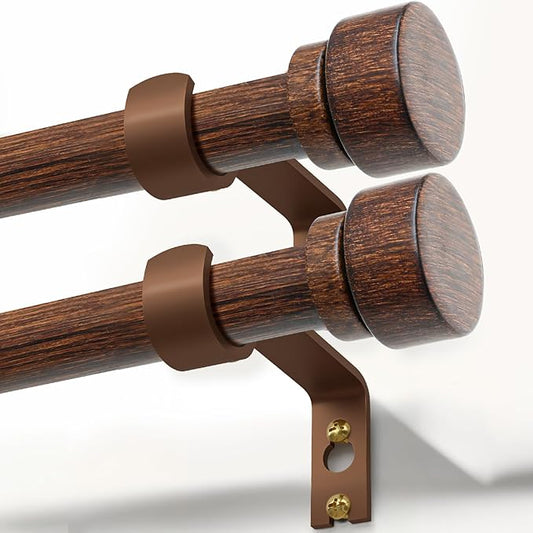 2 Pack Antique Redwood Grain Curtain Rods for Windows 48 to 84 Inches 1" Diameter Heavy Duty Window Curtain Rod Adjustable with Solid Finials for Living Room Bedroom Kitchen Farmhouse Outdoor
