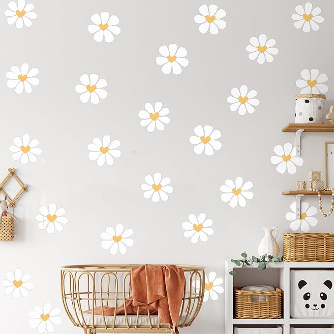 6 Sheet Daisy Wall Stickers White Heart Daisy Decals Peel and Stick Flower Wall Stickers White Flower Decals Floral Wallpaper for Bedroom Nursery Playroom Home Decor