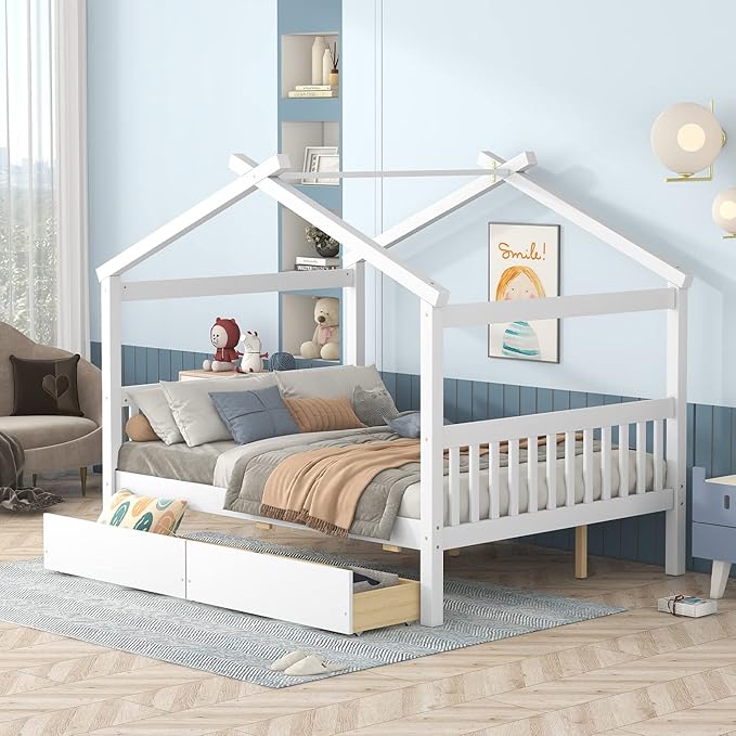 Harper & Bright Designs Full Size House Bed for Kids With Two Drawers, Wooden Frame With Storage, Roof Design for Girls Boys, White