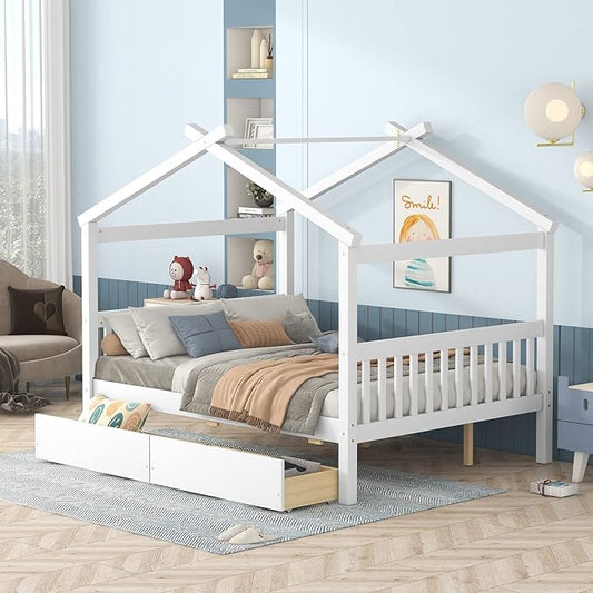 Harper & Bright Designs Full Size House Bed for Kids With Two Drawers, Wooden Frame With Storage, Roof Design for Girls Boys, White
