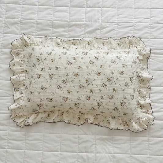 BuLuTu Cotton Muslin Pillow Case King Pillowcase Sweet Floral Design Pillowcases Enveloped Closure Vintage Ruffled Pillow Cover for Teens Adults, 20x36 inch, 1 Piece, Crapemyrtle