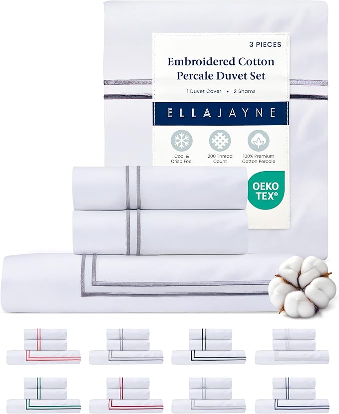 Ella Jayne Duvet Cover Queen Size (3 Pieces), 100% Cotton Percale, Full/Queen, Soft, Breathable & Lightweight, Including Duvet Cover (1 Piece) 90 x 90 Inches with 2 Pillow Shams (Stone Design)