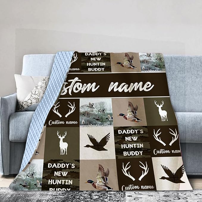 Personalized Baby Blanket with Name – Ducks Antlers Pattern Soft Receiving Blanket for Newborn Boys, Custom, Hunting Theme Nursery Decor for Toddlers