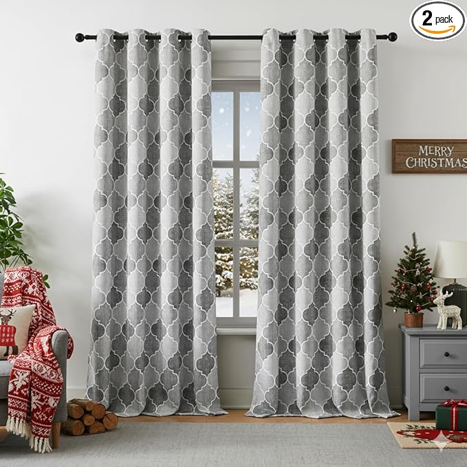 Full Blackout Curtains 84 Inches Long 2 Panels Gray Moroccan Lattice Patterned Drapes Room Darkening Thermal Insulated Grommet Top Window Treatments Sets for Bedroom Living Room, 52" W