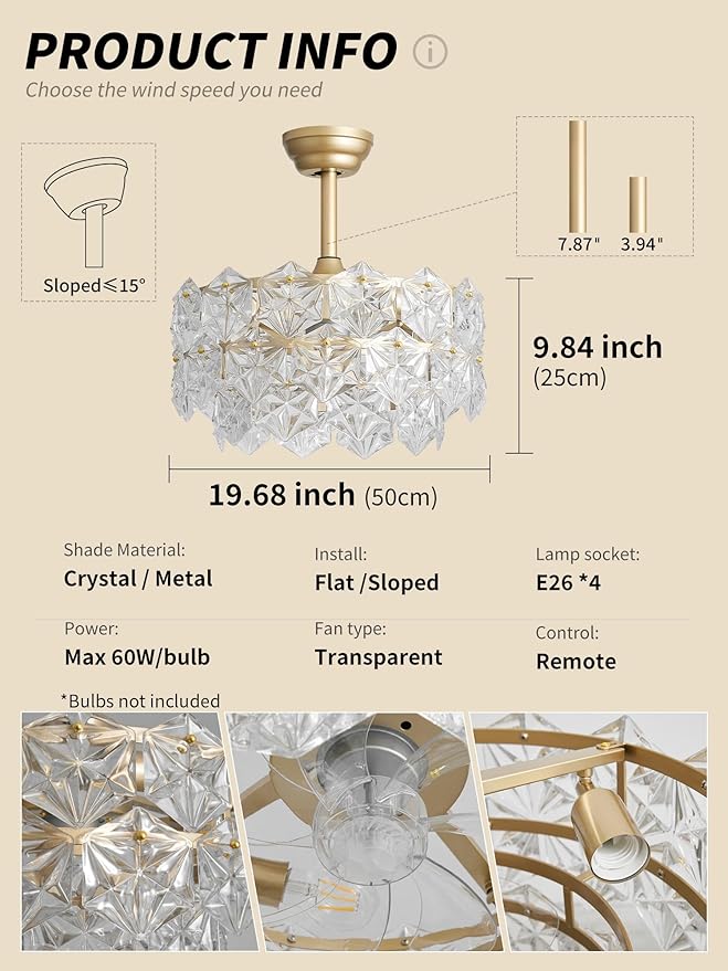 20" Gold Crystal Fandelier Ceiling Fan with Light, Mid-Century Chandelier Ceiling Fan with Light Remote Control, 6 Speeds for Bedroom, Nursery, Living Room