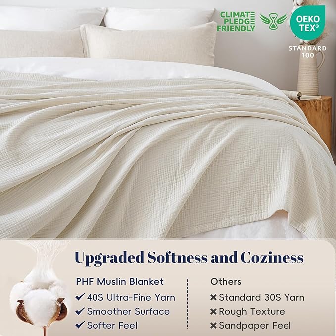 PHF 100% Cotton Muslin Blanket Queen Size 90"x90", 4-Layer Lightweight Gauze Throw, Breathable Cloud-Soft Minimalist Blanket for Bed, Couch, Camping & Baby, Oat Milk, Ideal Gift