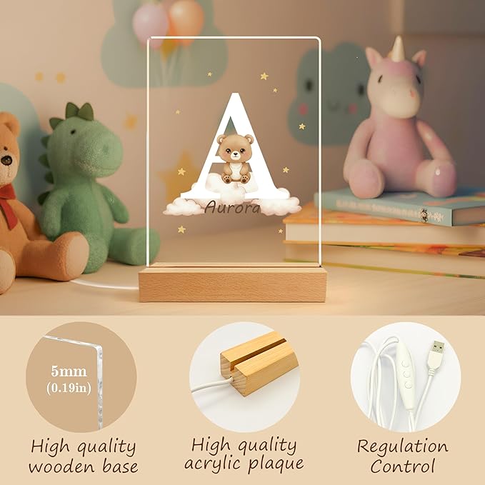 Personalized Baby Night Light with Wooden Base, Custom Name LED Lamp for Kids Room, Forest Animal Nursery Decor, Color-Changing Nightlight for Boys Girls, Unique Baby Shower Birthday Gift