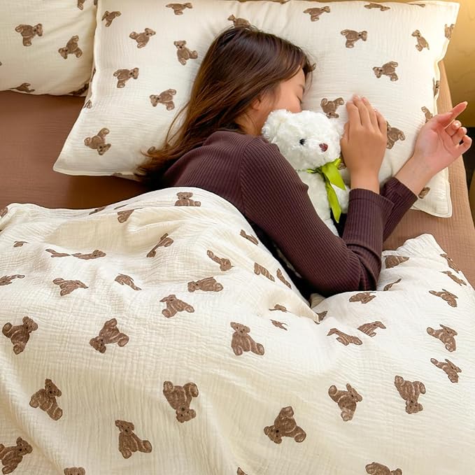 AOJIM 2-Layer Muslin Kids Adults Duvet Cover 1 Piece, Super Soft Cotton Bedding Duvet Cover with Cute Brown Bears Pattern for Girls and Boys, Breathable Durable Comforter Cover 79X90'', Room Decor