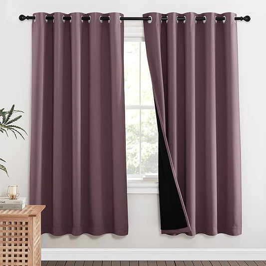 NICETOWN 100% Blackout Window Curtain Panels, Full Light Blocking Drapes with Black Liner for Nursery, 72-inch Drop Thermal Insulated Draperies (Dry Rose, 2 Pieces, 62-inch Wide Per Panel)
