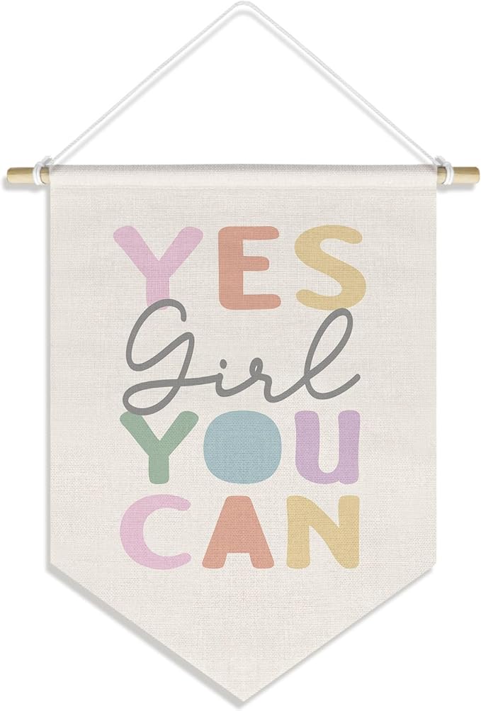 Motivational Nursery Kids Girls Room Decor Inspirational Baby Girl Toddler Room Bedroom Classroom Wall Decor, Yes Girl You Can Banner Pennant Hanging, 15x11in