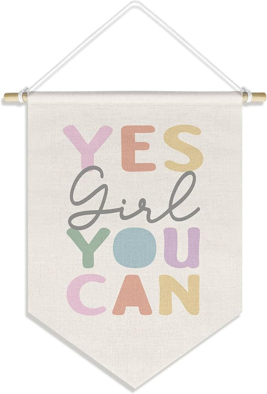 Motivational Nursery Kids Girls Room Decor Inspirational Baby Girl Toddler Room Bedroom Classroom Wall Decor, Yes Girl You Can Banner Pennant Hanging, 15x11in