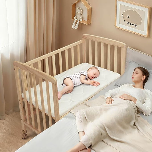 Baby Bassinets Bedside Sleeper - Portable Pine Wood Bedside Bassinet,6 Heights Small Mini Crib with Mattress,Space-Saving Design Baby Crib for Newborns 0-12 Months,Unpainted