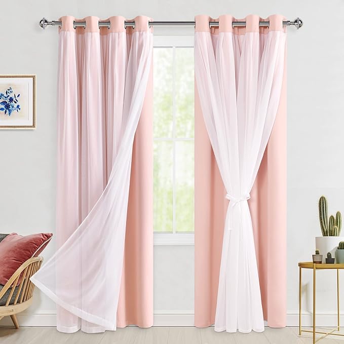 Hiasan Blackout Curtains with Sheer Overlay, Thermal Insulated Mix & Match Double Layer Room Darkening Window Curtains for Bedroom,Living Room,Nursery 2 Panels with Tiebacks (52W X 96L,Blush Pink)