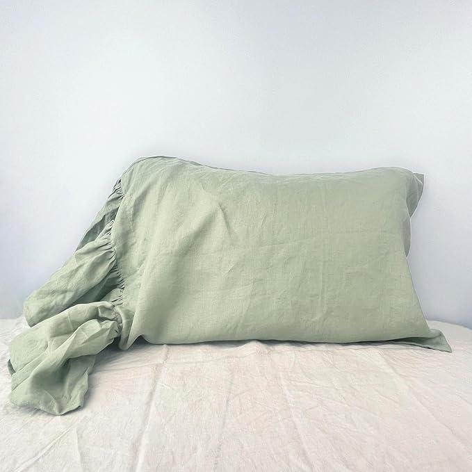 Bean Green Ruffles Linen Pillowcase, 100% French Linen Pillow Cover, Queen Size 1 Piece Farmhouse Shabby Chic Pillow Case, 20''x30'' Pillowcase with Decorative Ruffle Envelope Closure
