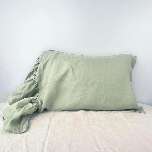 Bean Green Ruffles Linen Pillowcase, 100% French Linen Pillow Cover, Queen Size 1 Piece Farmhouse Shabby Chic Pillow Case, 20''x30'' Pillowcase with Decorative Ruffle Envelope Closure