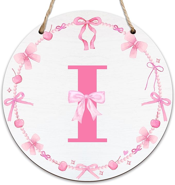 Monogram Round Sign For Front Door, Cherry Bow Theme Sign For Porch Art Wall Door, Initial Signs Hanging Ornament For Indoor Outdoor, Decorations Gifts For Four Seasons Rustic Home Kitchen, I, A09