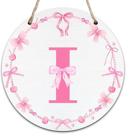 Monogram Round Sign For Front Door, Cherry Bow Theme Sign For Porch Art Wall Door, Initial Signs Hanging Ornament For Indoor Outdoor, Decorations Gifts For Four Seasons Rustic Home Kitchen, I, A09