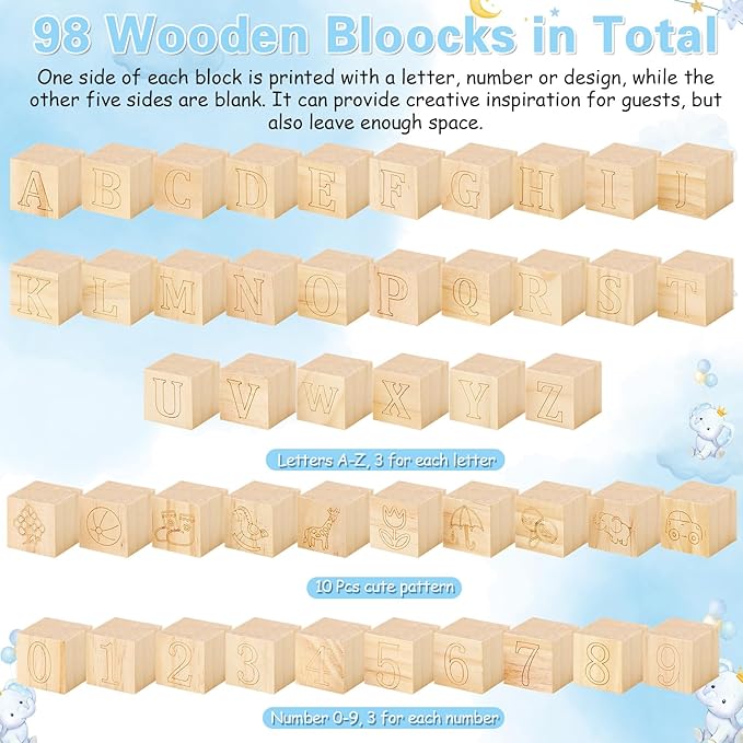 Marsui 136 Pcs Baby Shower Blocks to Decorate Game Kit Includes 98 Wooden Blocks, 36 Markers, 1 Game Sign, 1 Storage Box for Baby Shower Gender Reveal Activity Party Decorations(Blue Elephant)