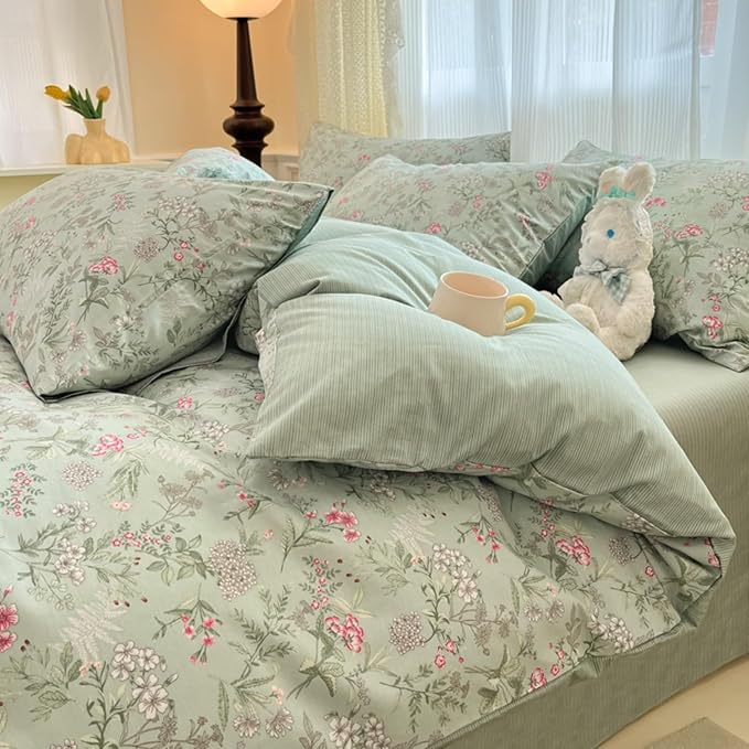 Duvet Cover King 3Pcs Green Pink Floral Bedding Set for Girls Kids Botanical Flower Bedding Reversible Striped Pattern Soft Microfiber Sage Green Bedding with 2 Pillowcases(No Comforter)