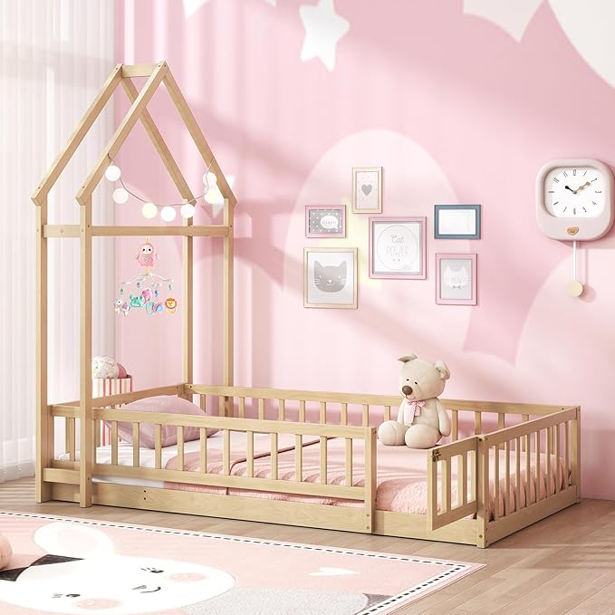 MAT EXPERT Twin Floor Bed with House-Shaped Headboard, Montessori Kids Bed with Detachable Clothes Hanger, Full Length Safety Guardrails, Solid Wood Twin Bed Frames for Kids (Natural)