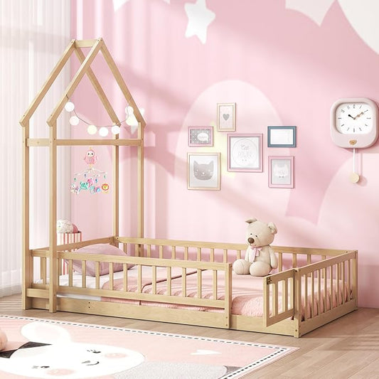MAT EXPERT Twin Floor Bed with House-Shaped Headboard, Montessori Kids Bed with Detachable Clothes Hanger, Full Length Safety Guardrails, Solid Wood Twin Bed Frames for Kids (Natural)