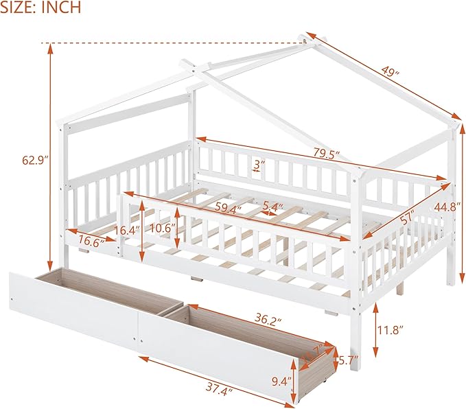 Merax Full Size Wooden House Bed with Two Drawers, Wood Bed Frame with Roof and Safety Guardrail for Kids, Teens, Boys or Girls, White