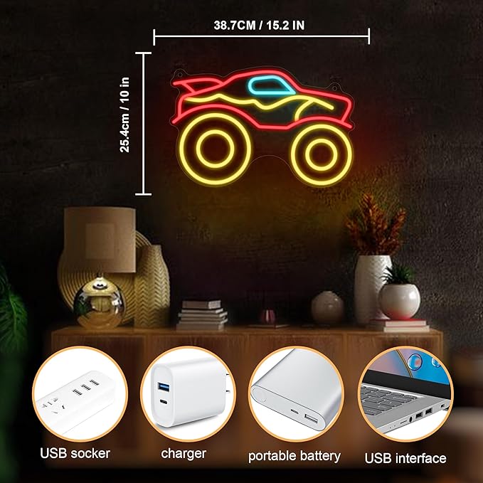 Monster Truck Neon Light, Dimmable LED Truck Neon Wall Sign USB Powered with 4-Color Lights, for Bedroom Living Room Game Room Man Cave Home Birthday Gift for Boys Men