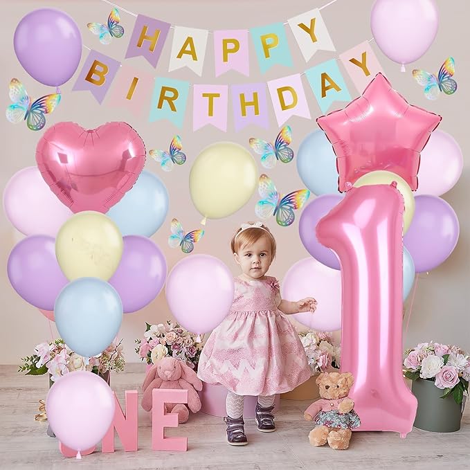 1st Birthday Decoration for Girls, Pastel Macaron 1st Birthday Balloon, Pink Number 1 Balloon with Butterfly Stickers, Star Heart Foil Balloons Banner Set for Baby 1 Year Old Birthday Party Decor