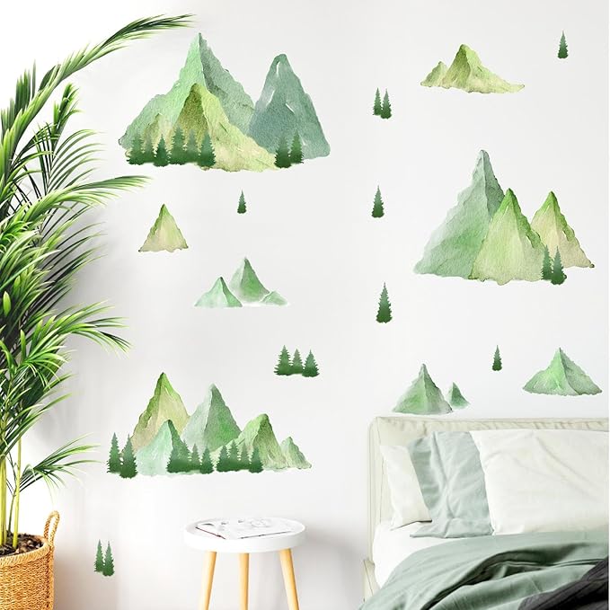 Watercolor Mountain Wall Decal Large Mountains Tree Wall Stickers Peel and Stick Green Pine Tree Decals Nature Art Big Mountain Stickers Forest Decal for Bedroom Living Room Decor
