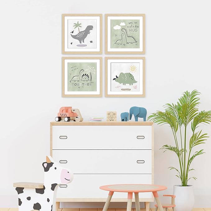 ArtbyHannah Framed Nursery Wall Decor, 10x10 inch Cute Baby Wall Art Room Decor for Kids, Safari Animals Prints with Adorable Dinosaurs Art Prints for Playroom Bedroom Baby Shower Decoration(4 Pack)