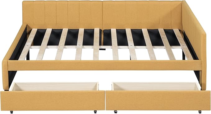 Harper & Bright Designs Full Size Upholstered Daybed with 2 Storage Drawers Sofa Bed Frame for Boys Girls Kids Adults Toddler No Box Spring Needed, Linen Fabric (Yellow)