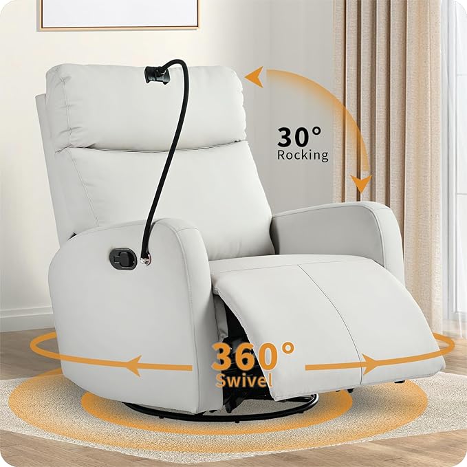 Swivel Rocker Recliner Chair for Nursery, Upholstered 360° Leather-air Glider Rocking Chair with Phone Holder, Manual Small Recliners for Small Spaces Living Room