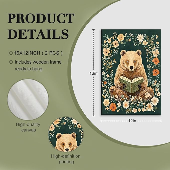 3pcs Animal Reading Canvas Wall Art Cute Woodland Animals Wall Decor Bear Hedgehog Squirrel Pictures Print Bohemian Floral Posters Paintings Suitable for Kids Room Nursery Playroom 12 x 16 Inch